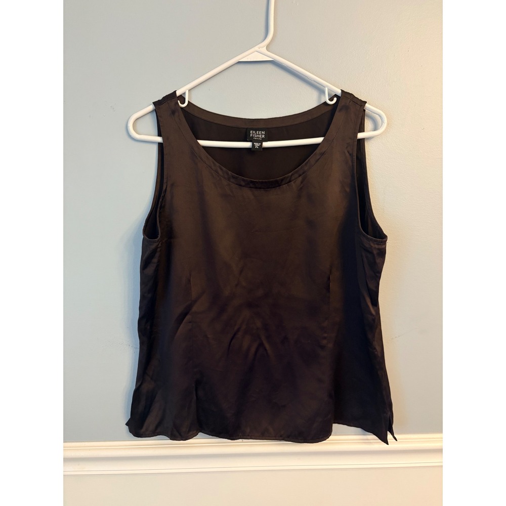 Eileen Fisher Petite 100% Silk Tank Top Dark Brown Sleeveless Shell Classic Chic
